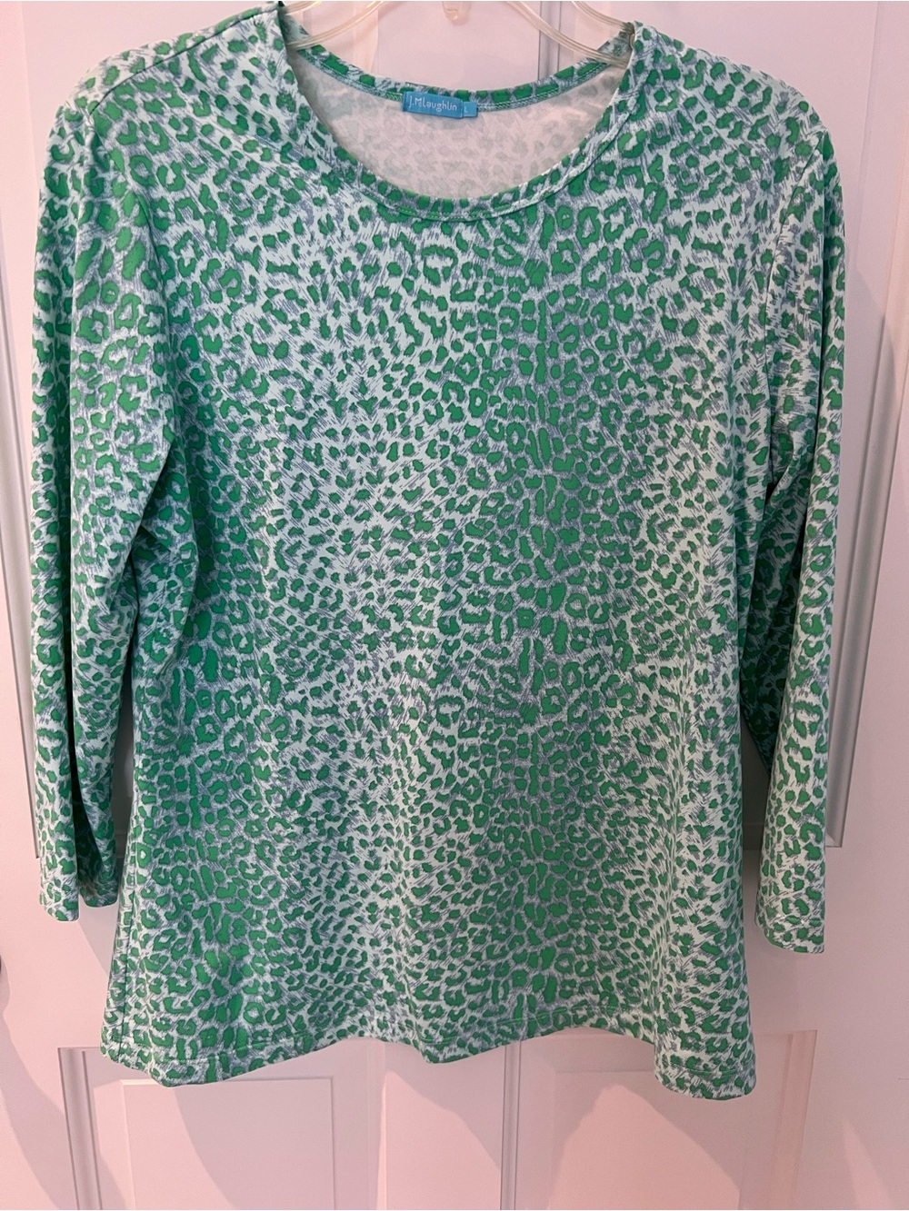 J. McLaughlin Green and Light Blue Leopard-Print 3/4 Length Sleeve Tee